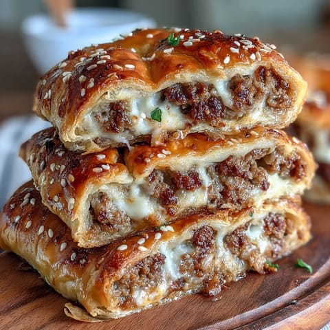 Savory mini sausages wrapped in flaky puff pastry, baked until golden and served with honey mustard dip.  