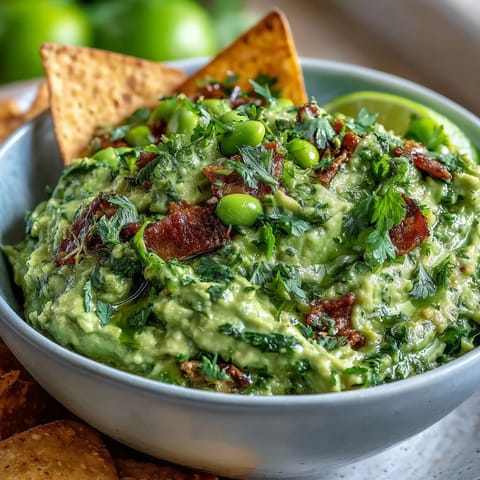 Creamy edamame guacamole with ripe avocado, served with golden baked pita chips for a healthy snack.  