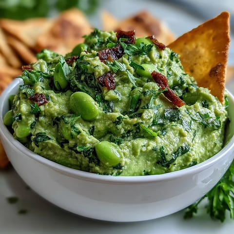 Fresh green edamame guacamole blended with lime and cilantro, paired with crispy whole wheat pita chips.  
