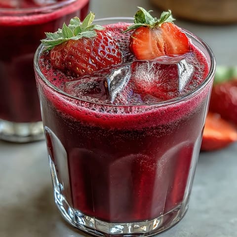 Vibrant homemade strawberry açaí refresher with fresh fruit slices and mint garnish, perfect for a refreshing summer beverage.