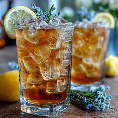 A sparkling lavender lemonade cocktail with floral notes, served over ice with lemon slices and lavender sprigs.