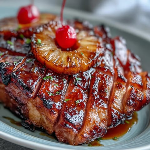 Honey Glazed Ham with Pineapple, golden-brown and glistening with sweet honey glaze, adorned with juicy pineapple rings and cherries.