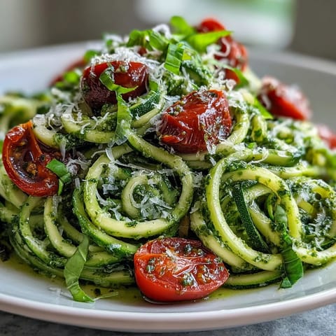 Vibrant zucchini noodles tossed with basil pesto and cherry tomatoes for a fresh summer meal.  
