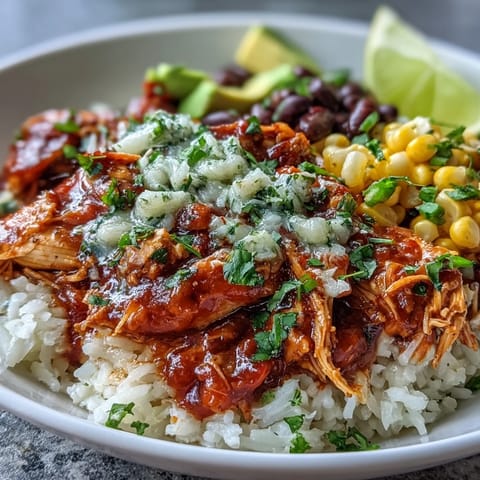 Hearty salsa chicken bowls with tender shredded chicken, black beans, and corn over fluffy rice.  
