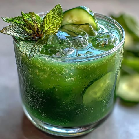 Vibrant Green Detox Cucumber Mint Agua Fresca glass garnished with fresh mint.