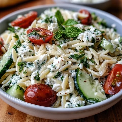 Vibrant orzo salad with cucumber, feta, and lemon dressing, perfect for lunch.
