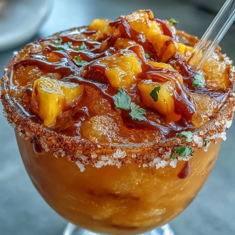 Bright Cinco de Mayo Mangonada mocktail cup bursting with frozen mango, tangy chamoy swirls.