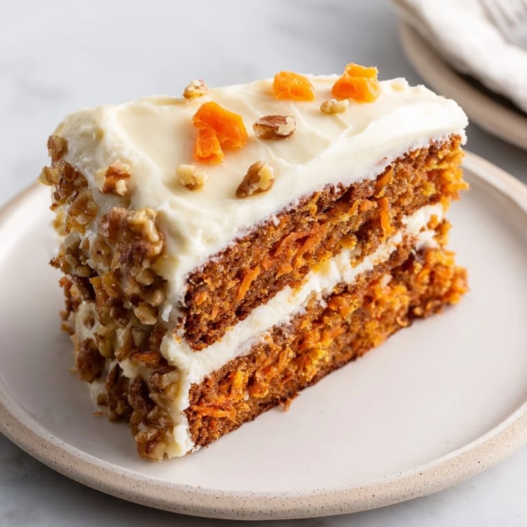 Warm spices and grated carrots fill this perfect carrot cake, ready for serving.