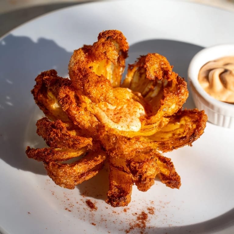 Crunchy and savory onion petals with a vibrant spicy dipping sauce on a white plate.