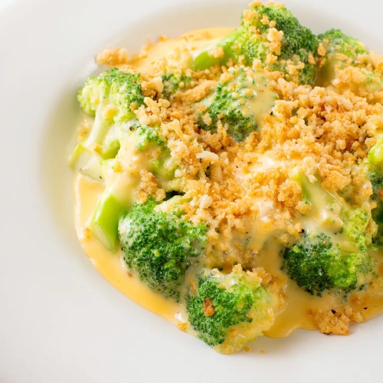 A close-up of a bubbling, cheesy Broccoli Casserole, perfect for a cozy family meal.