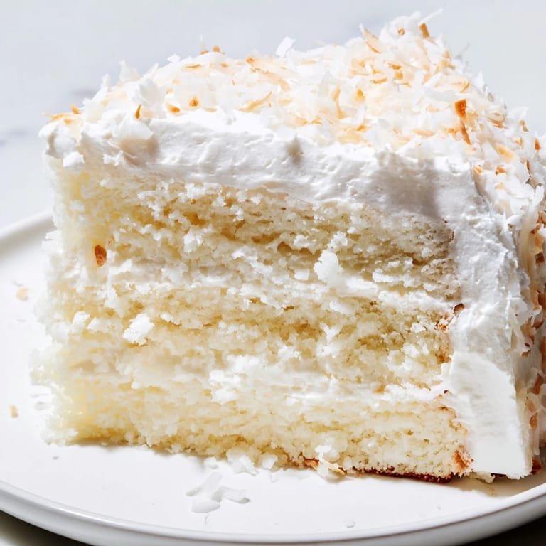 This layered coconut cake features a sweet coconut filling and light, fluffy seven-minute frosting, ready to serve.