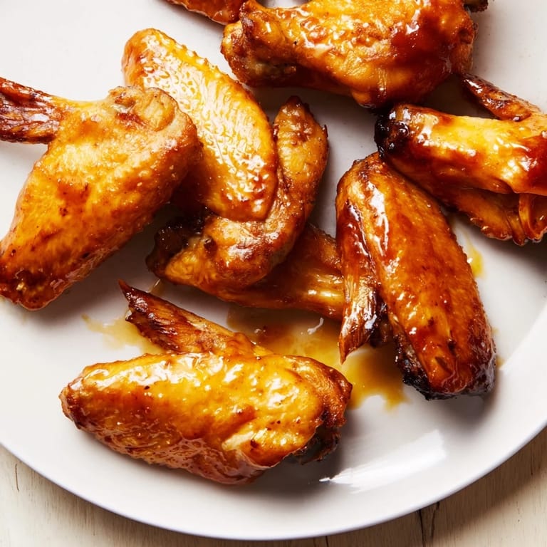 A plate of flavorful Honey BBQ Chicken Wings, showcasing the tender chicken covered in a glossy sauce.
