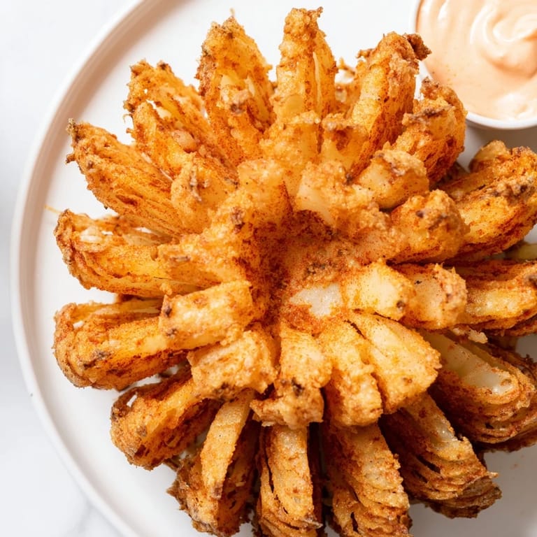 A close-up view of a perfectly fried blooming onion, showcasing its crispy outer layer.