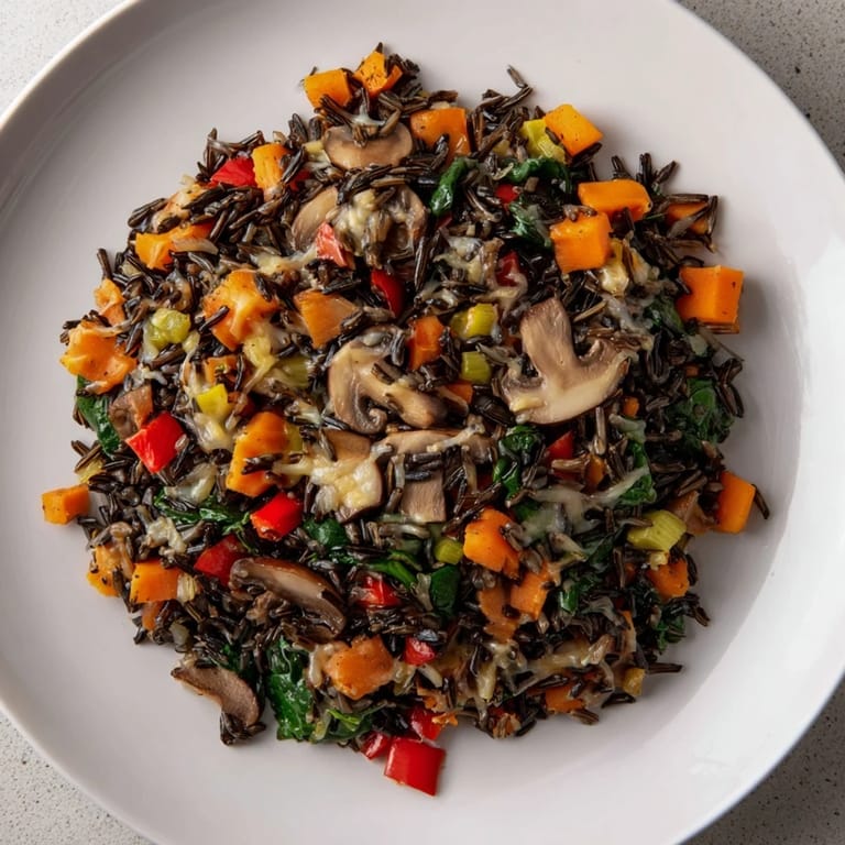 Golden-baked wild rice casserole with melted cheese, a flavorful and hearty vegetarian dish.