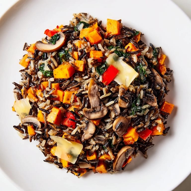 A close-up of a bubbling, aromatic wild rice casserole, perfect for a cozy dinner.