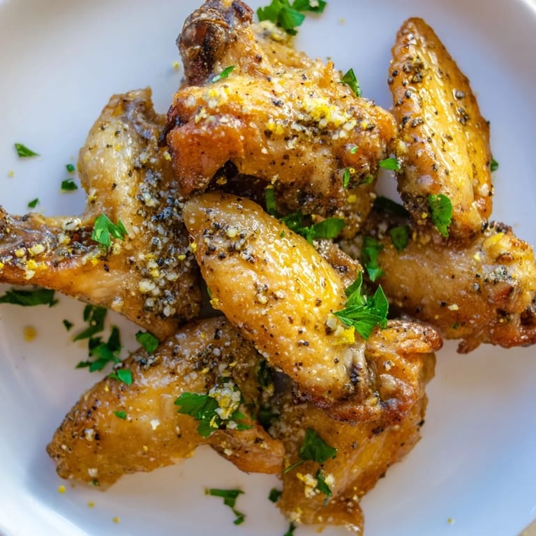 Close-up of perfectly baked Lemon Pepper Wings, glistening with lemon-pepper butter and herbs.