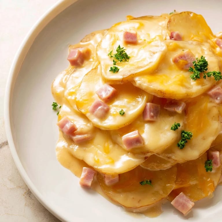 A baking dish overflowing with creamy Scalloped Potatoes with Ham, ready for a delicious family meal.