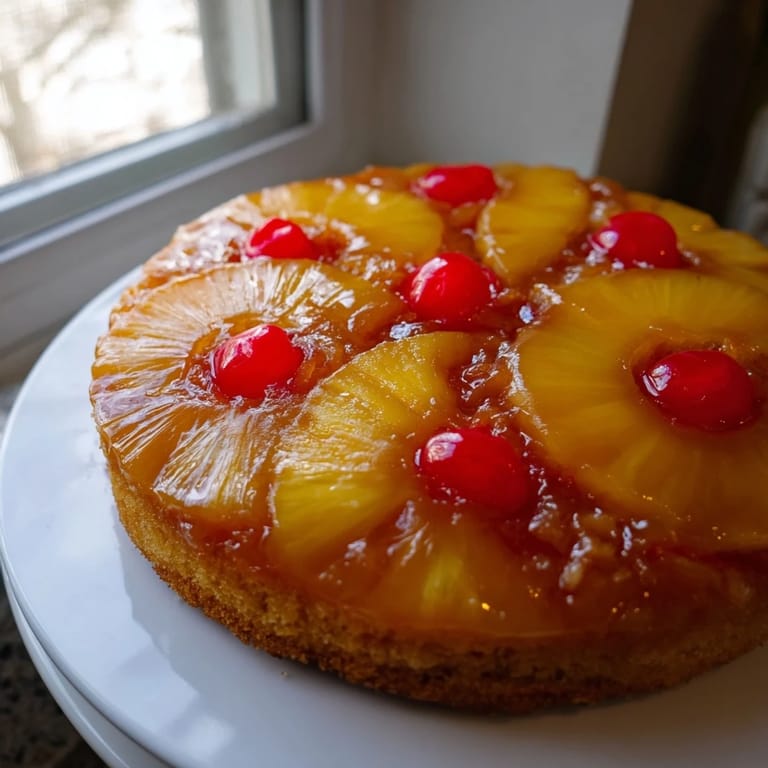 A warm slice of homemade Pineapple Upside-Down Cake with caramelized pineapple, perfect for dessert.