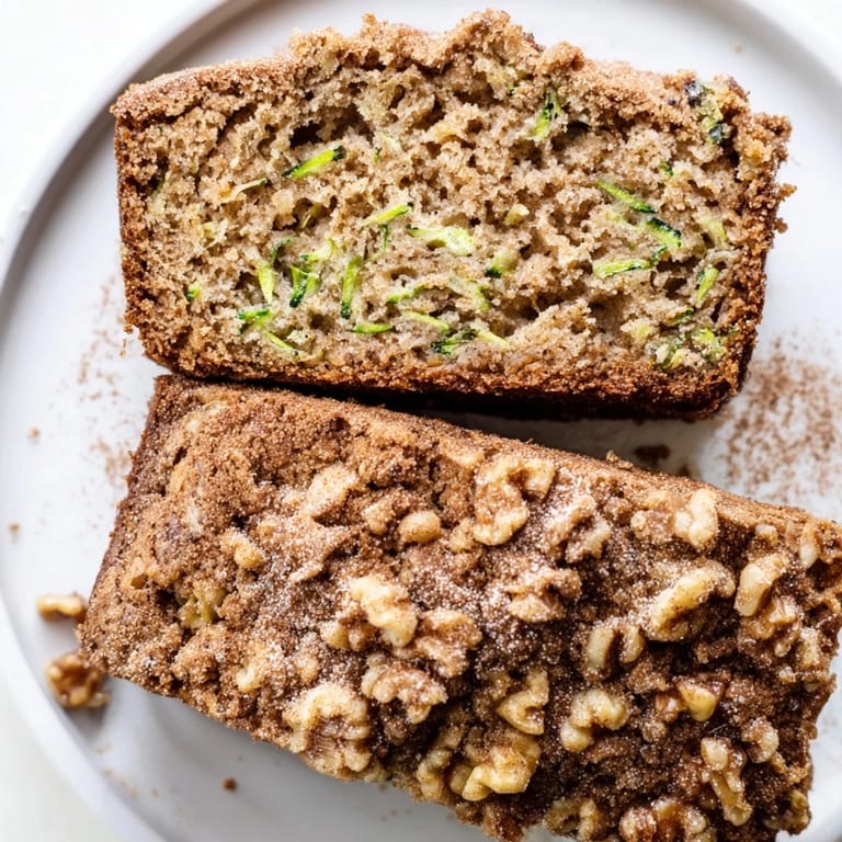 Close-up of freshly baked zucchini bread, showing a moist interior with hints of cinnamon spice.