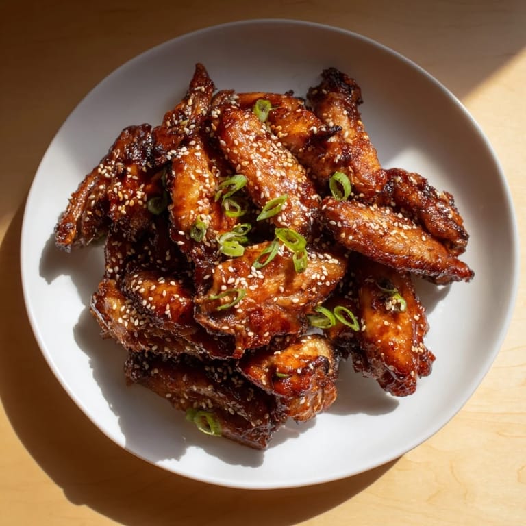 Close-up of Asian sticky wings, a savory and sweet appetizer, ready to serve with sliced green onions.