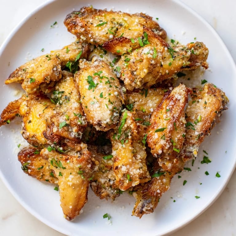 Savory Garlic Parmesan Wings, freshly baked to perfection, a delicious American appetizer to share.