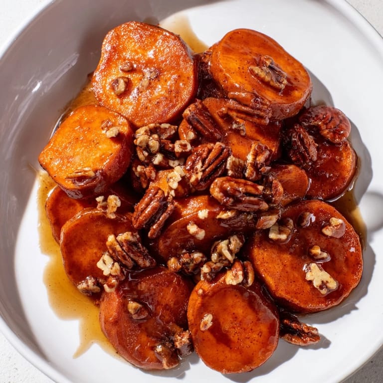 Delicious holiday-ready Candied Yams: a close-up shows the sweet potato slices in a bubbling, decadent glaze.