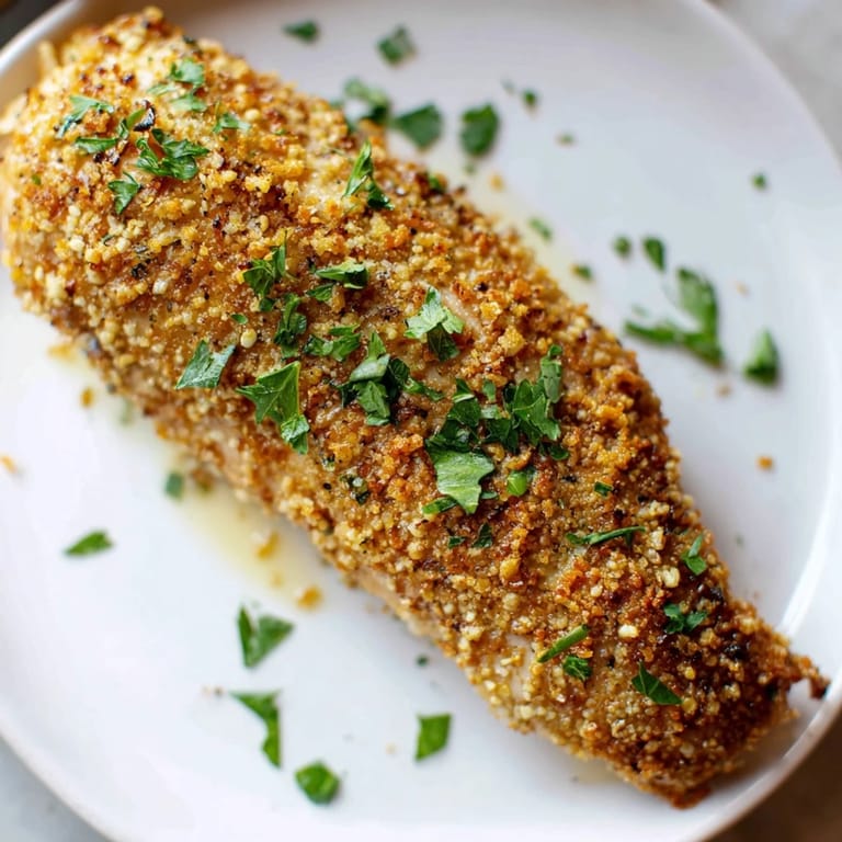 A close-up view of juicy Roasted Garlic Parmesan Chicken, highlighting the crunchy herb crust and melted Parmesan topping on a rustic plate.
