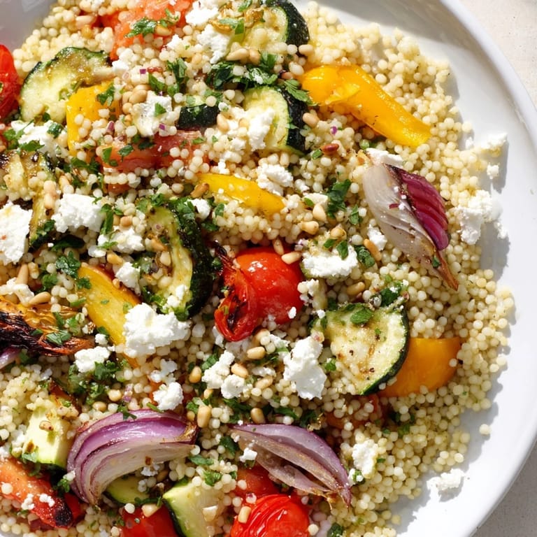 A close-up of Roasted Veggie Couscous Salad garnished with fresh mint and crumbled feta on a rustic table.  