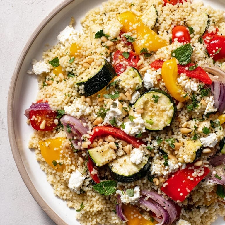 Colorful Mediterranean-style Roasted Veggie Couscous Salad with toasted pine nuts and zesty lemon herb dressing.