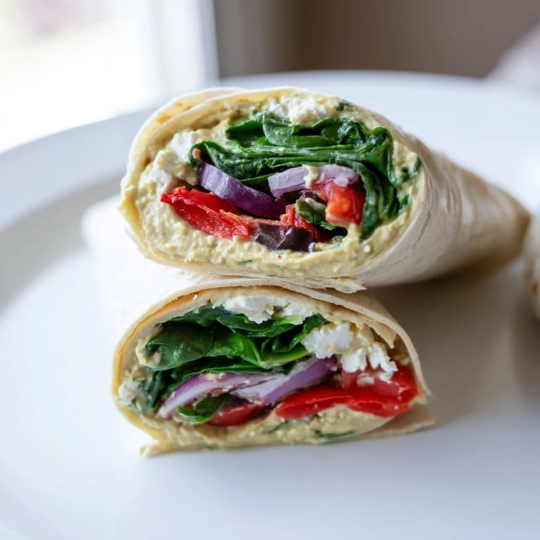 Fresh baby spinach and crisp veggies fill this colorful wrap, perfect for a quick, healthy vegetarian lunch or light dinner.  