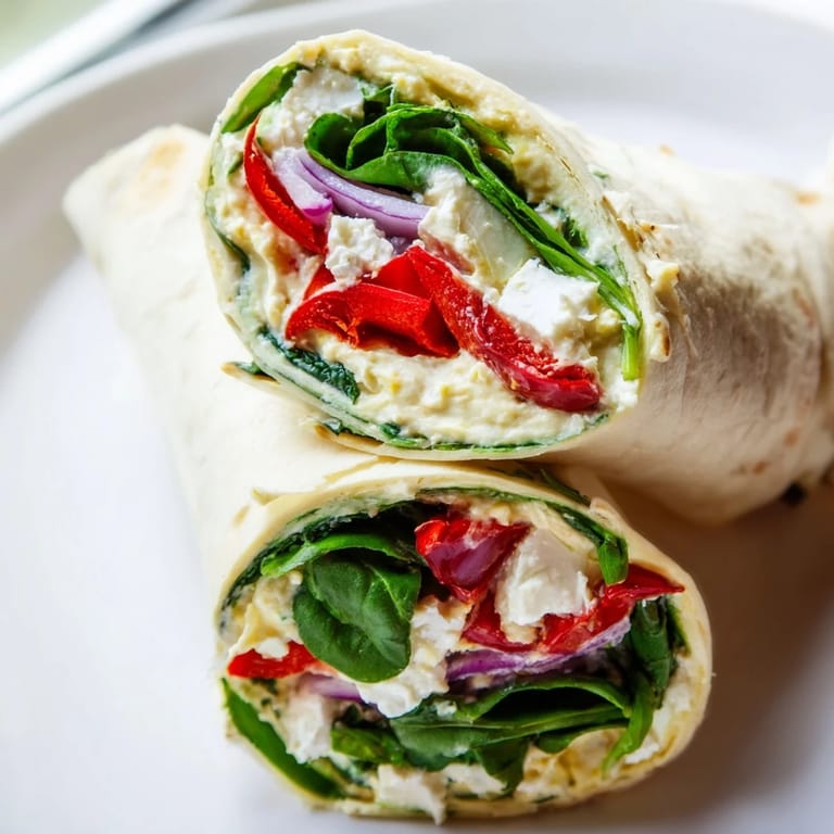 This Mediterranean Veggie Wrap features tangy feta, savory hummus, and tender roasted red peppers, sliced in half on a rustic plate.