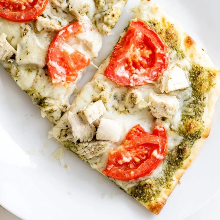 Sizzling Chicken Pesto Pizza fresh from the oven, featuring a crispy crust, creamy mozzarella, and ripe tomatoes ready to slice and serve.