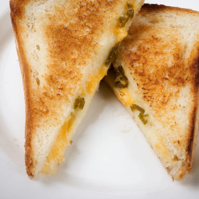 Classic jalapeño popper grilled cheese on sourdough, featuring sharp cheddar, fresh jalapeños, and melted creamy goodness.
