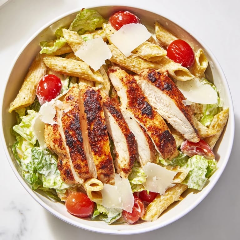 A vibrant bowl of Spicy Chicken Caesar Pasta topped with shaved parmesan and croutons, ready to serve for dinner.