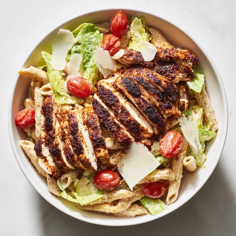 Overhead shot of Spicy Chicken Caesar Pasta with cherry tomatoes and parsley, highlighting the creamy sauce and colorful ingredients.