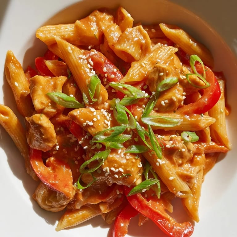 A skillet of Sweet Chili Chicken Pasta tossed with penne, colorful veggies, and a sweet heat sauce, ready to serve for dinner.