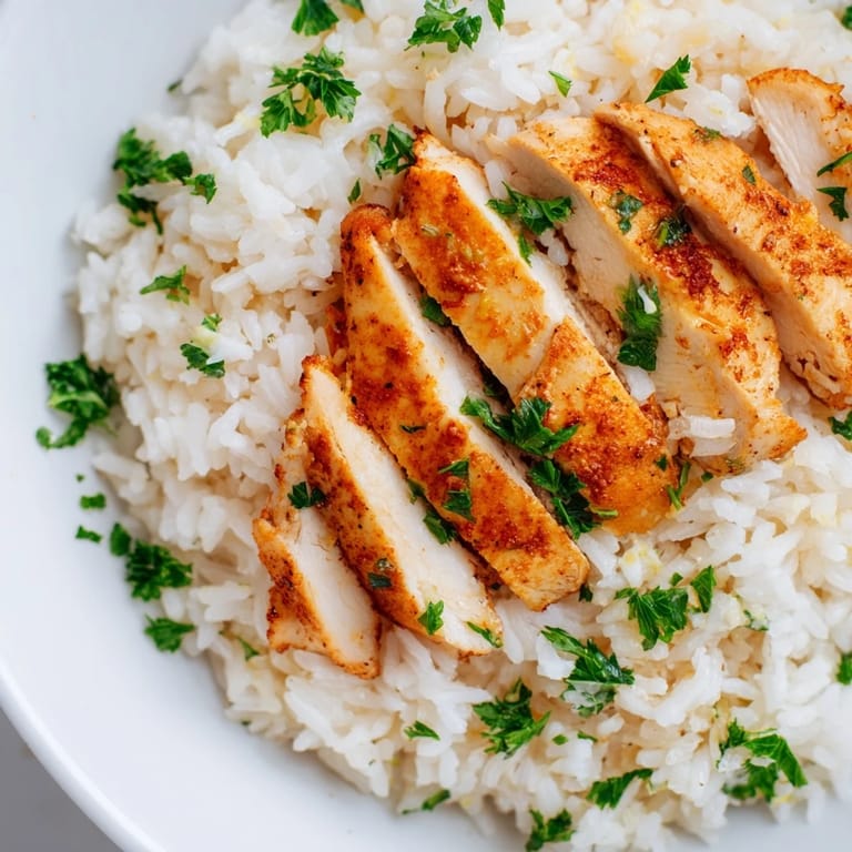 A forkful of savory garlic butter rice with tender chicken breast highlights a comforting, easy weeknight dinner for four.