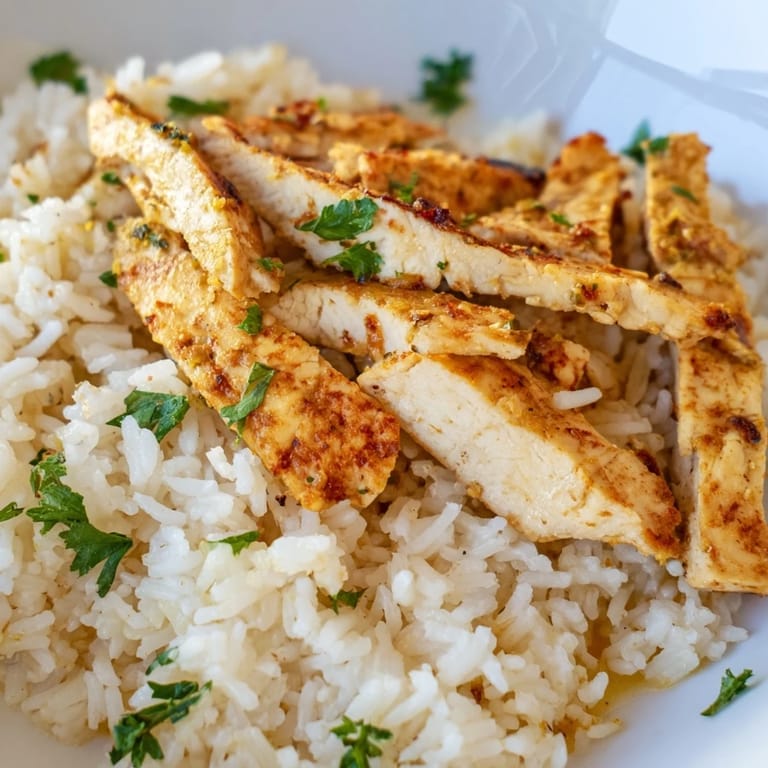 Steam rises from buttery rice infused with garlic and herbs, paired with juicy grilled chicken for a satisfying meal.