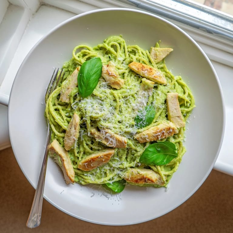 A close-up of Creamy Avocado Chicken Pasta reveals juicy sliced chicken nestled among al dente noodles coated in herb-flecked avocado sauce.