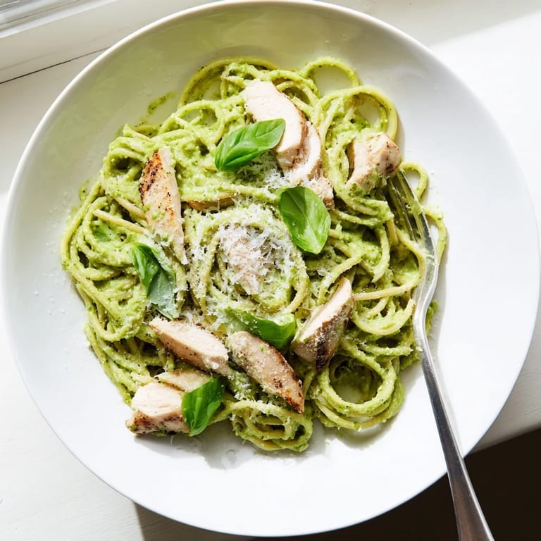 Served on a white plate, Creamy Avocado Chicken Pasta is garnished with fresh basil and lemon zest for a bright, fresh finish.