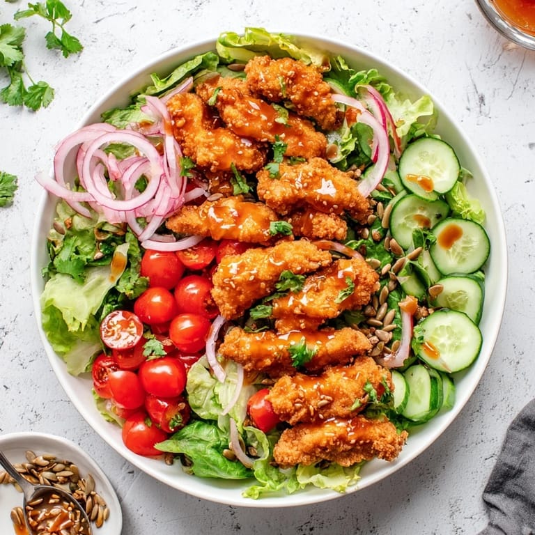 Hearty Crispy Hot Honey Chicken Salad topped with roasted seeds, drizzled with a bold, sweet-spicy sauce for a satisfying meal.  
