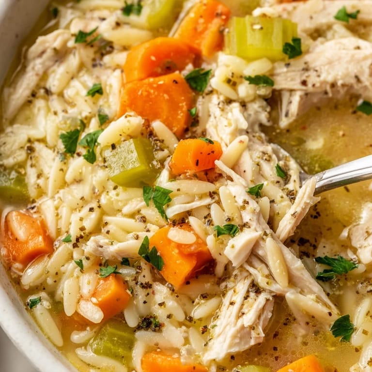 A close-up of a bowl of Lemon Pepper Chicken Orzo Soup, steam rising from the broth with freshly ground black pepper and a sprig of parsley.