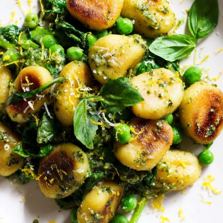 Serve Pesto Pea Gnocchi Skillet hot from the pan, garnished with lemon zest and Parmesan for an easy vegetarian meal.