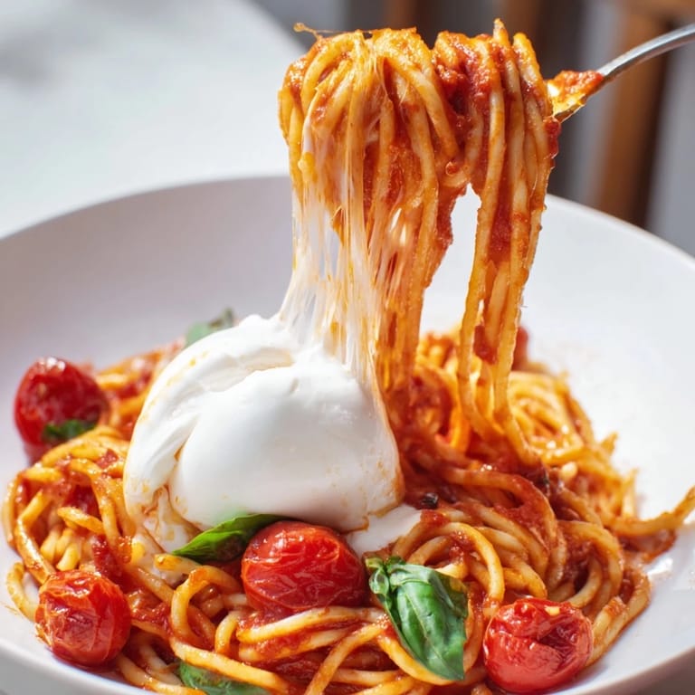 Golden spaghetti tossed with juicy cherry tomatoes and torn basil leaves, topped with a creamy Burrata Caprese Pasta ball.