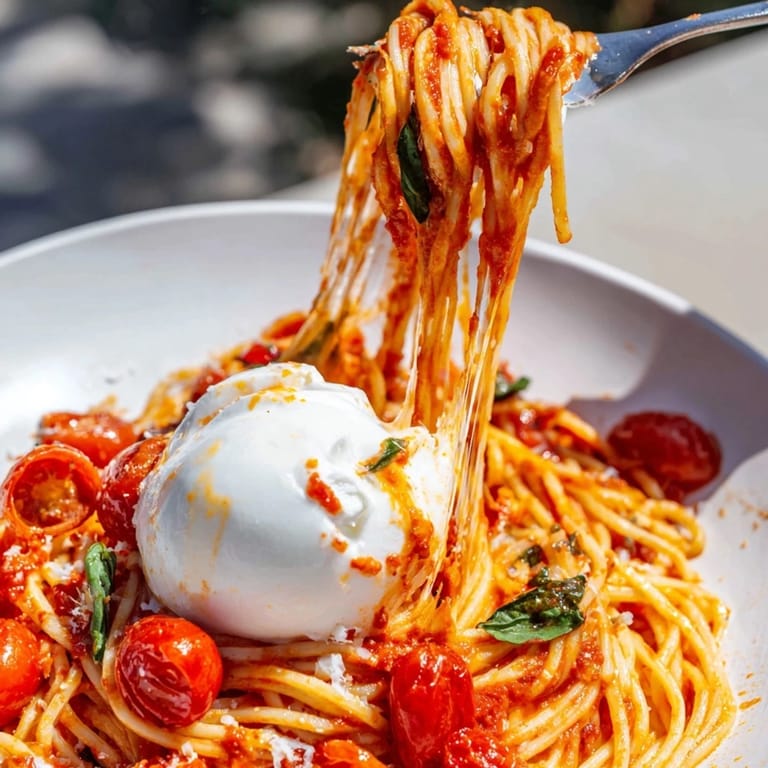 A close-up view of Burrata Caprese Pasta served on a white plate, with a drizzle of olive oil.