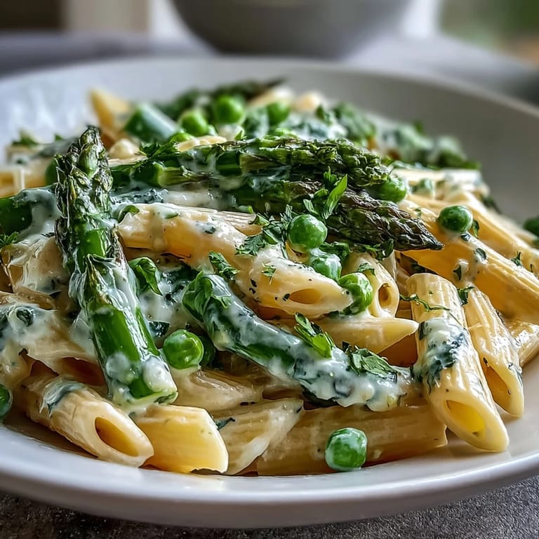 Steaming Garlic Parmesan Spring Vegetable Pasta in a skillet, with penne coated in a light, creamy sauce and vibrant green peas and asparagus.