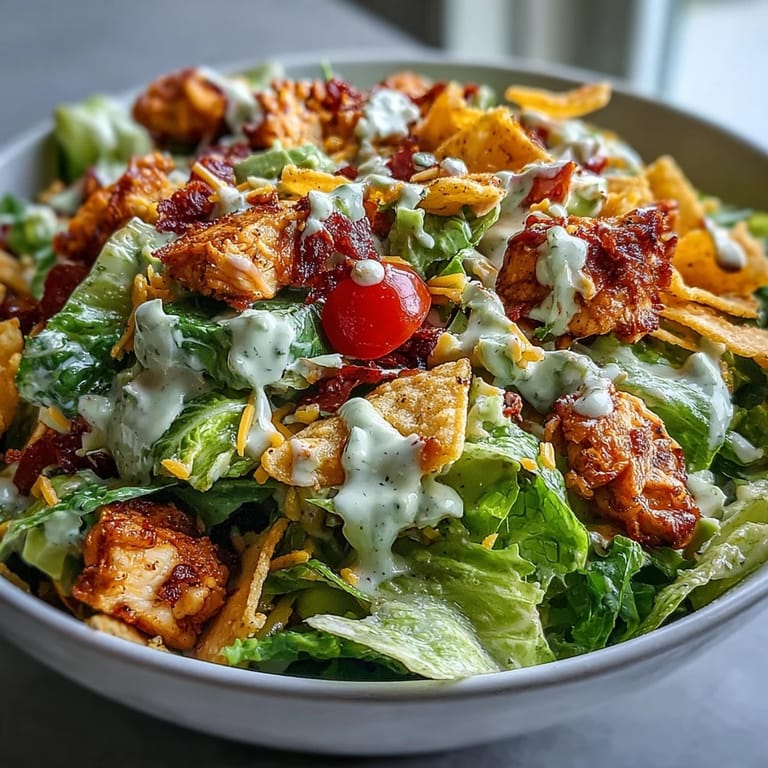 Serving suggestion for Chicken Taco Chopped Salad with colorful vegetables, chopped chicken, and crunchy tortilla chip topping.