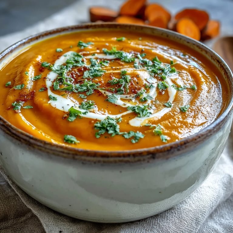 Bright orange, silky Carrot Ginger Soup served steaming in a rustic bowl with crusty bread on the side for dipping. 