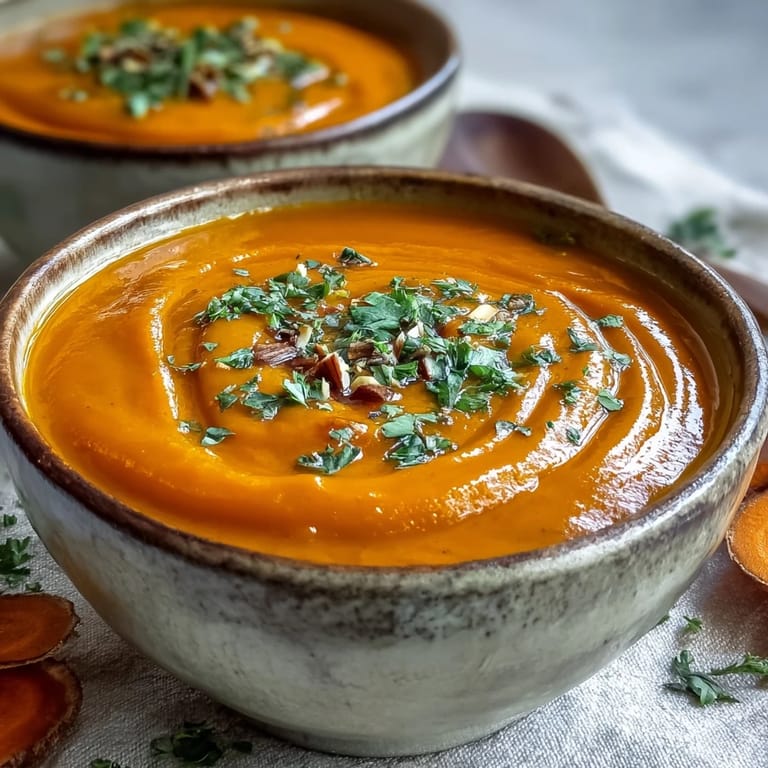 Vibrant, vegan Carrot Ginger Soup topped with a sprinkle of black pepper and fresh herbs, ideal for a light lunch.
