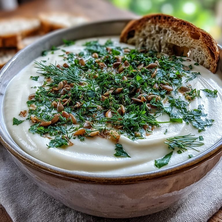 Golden roasted parsnips and herbs blended into a velvety, comforting soup, steaming gently in a white ceramic bowl on a rustic wooden table.